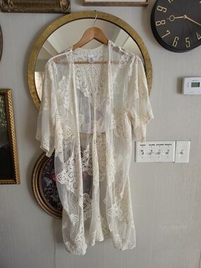 Sheer Lace Kimono Robe in Cream - Women Cover Up Duster Small Medium